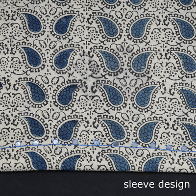 Beige - Bead Work Embroidery Kalamkari Block Printed Cotton Kurta Material - 2.6 meter