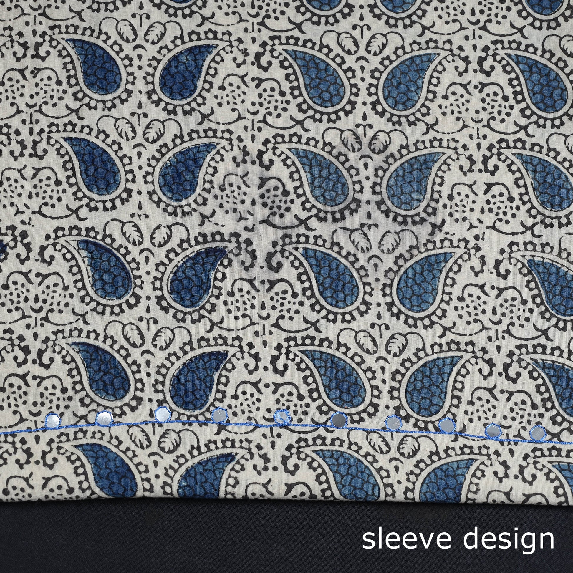 Beige - Bead Work Embroidery Kalamkari Block Printed Cotton Kurta Material - 2.6 meter