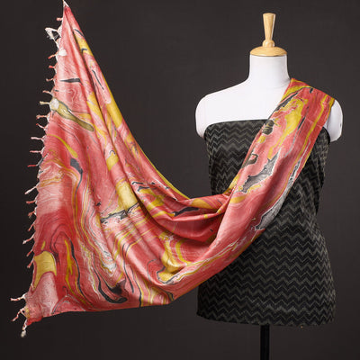 Black - 3pc Handloom Mulberry Suit Material Set with Banana Silk Marble Printed Dupatta