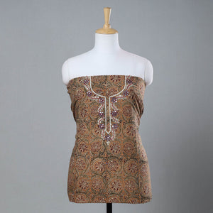 Brown - Bead Work Embroidery Kalamkari Block Printed Cotton Kurta Material - 2.5 meter