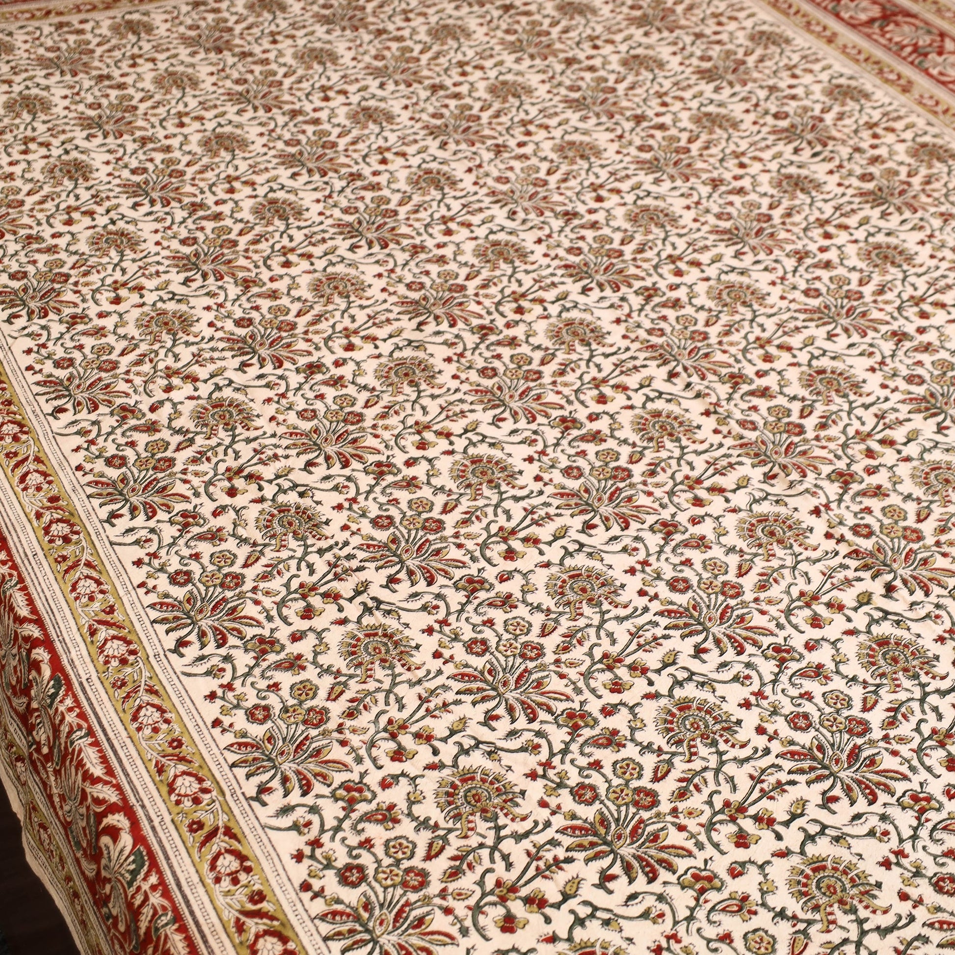 Beige - Block Print Cotton Pedana Kalamkari Bed Sheet 18