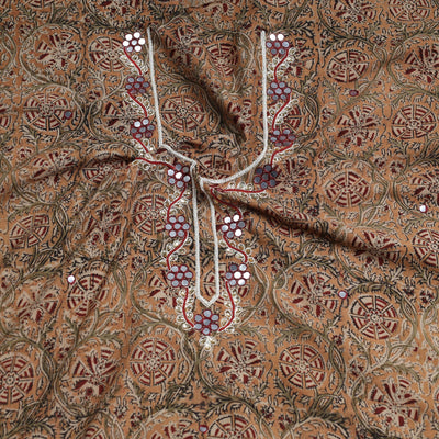 Brown - Bead Work Embroidery Kalamkari Block Printed Cotton Kurta Material - 2.5 meter