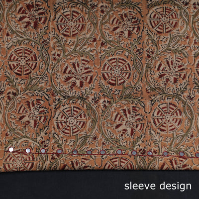 Brown - Bead Work Embroidery Kalamkari Block Printed Cotton Kurta Material - 2.5 meter