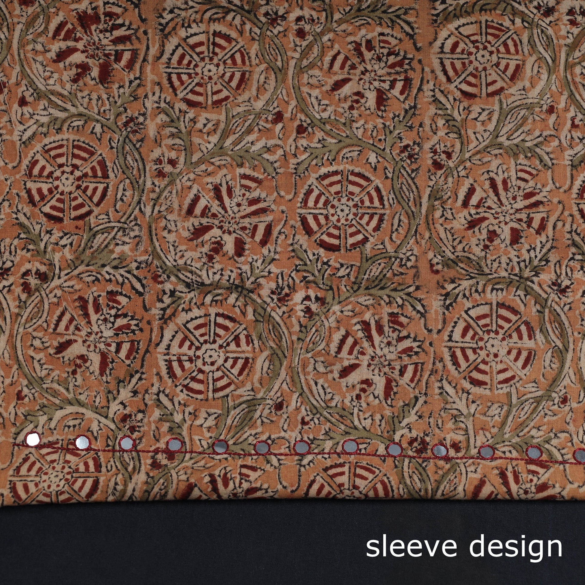 Brown - Bead Work Embroidery Kalamkari Block Printed Cotton Kurta Material - 2.5 meter