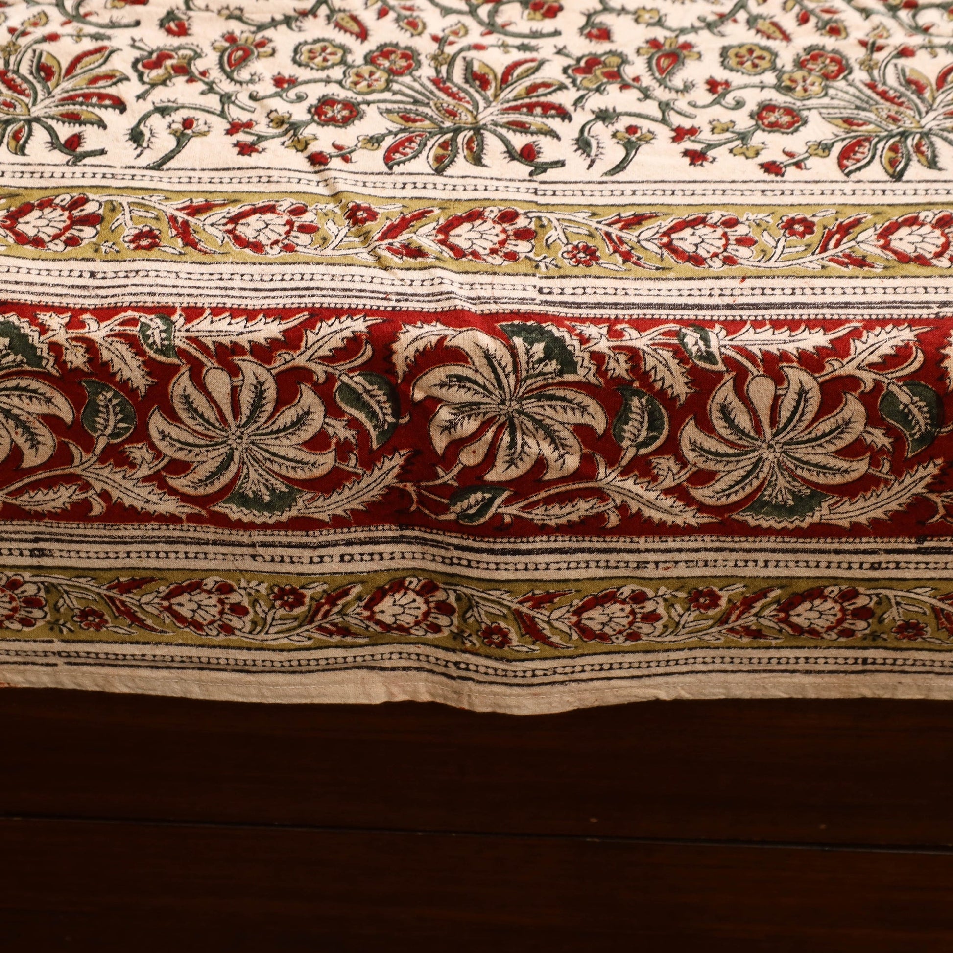Beige - Block Print Cotton Pedana Kalamkari Bed Sheet 18