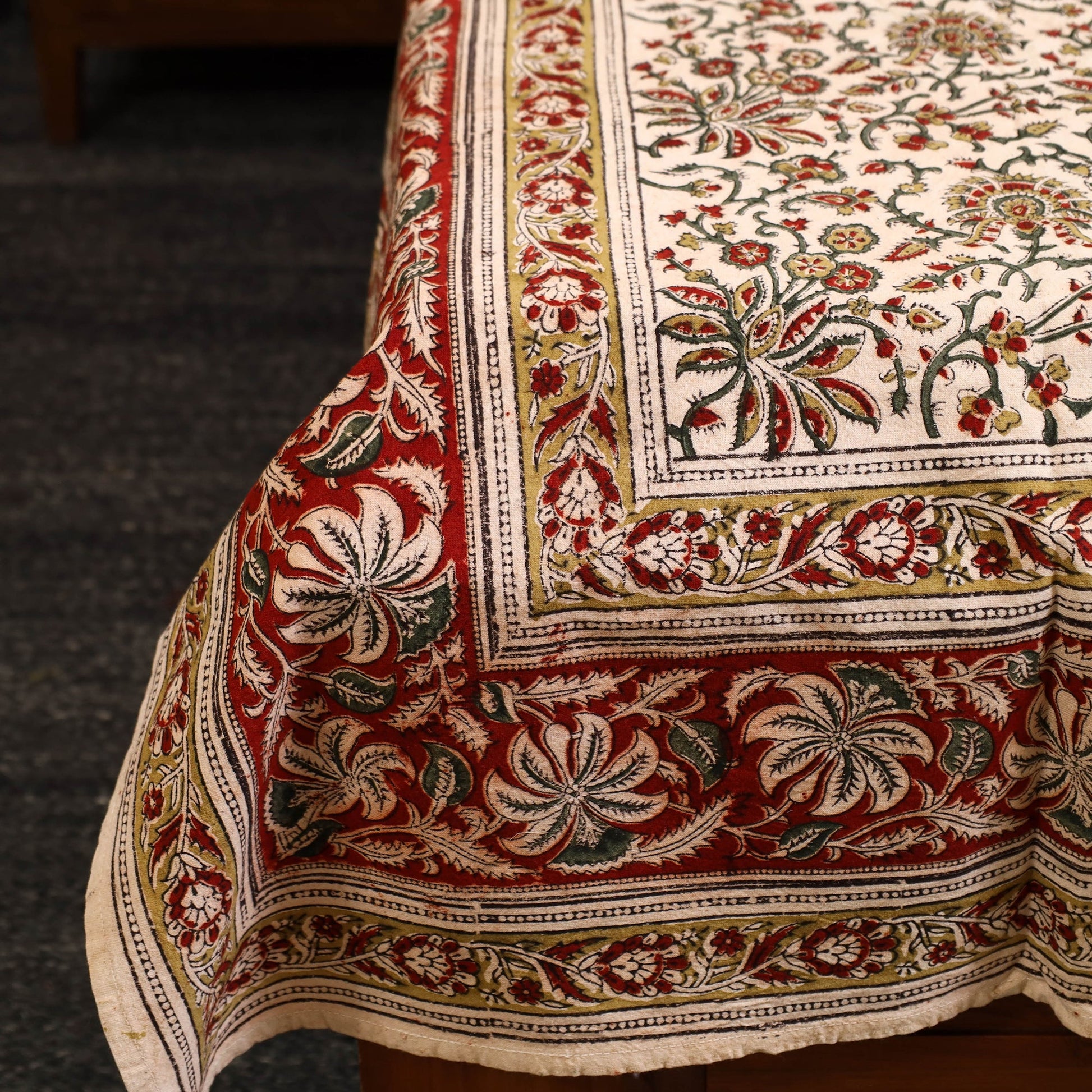 Beige - Block Print Cotton Pedana Kalamkari Bed Sheet 18