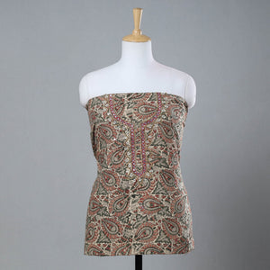 Beige - Bead Work Embroidery Kalamkari Block Printed Cotton Kurta Material - 2.5 meter