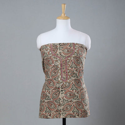 Beige - Bead Work Embroidery Kalamkari Block Printed Cotton Kurta Material - 2.5 meter