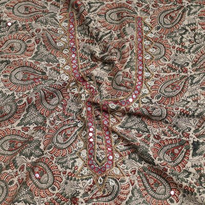Beige - Bead Work Embroidery Kalamkari Block Printed Cotton Kurta Material - 2.5 meter