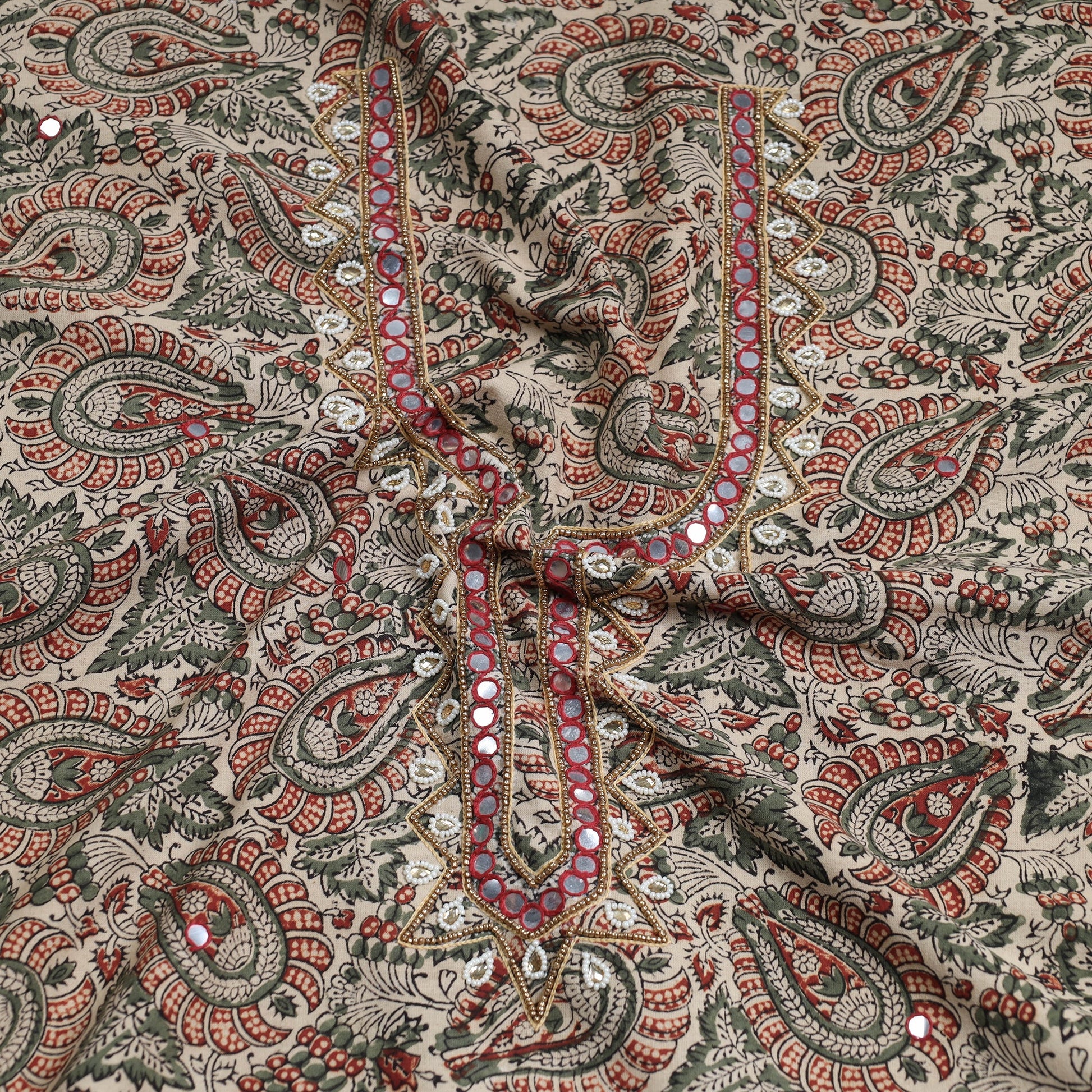 Beige - Bead Work Embroidery Kalamkari Block Printed Cotton Kurta Material - 2.5 meter