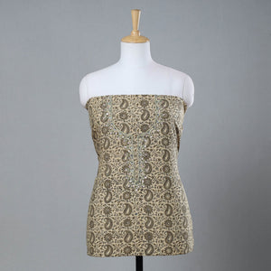 Beige - Bead Work Embroidery Kalamkari Block Printed Cotton Kurta Material - 2.5 meter