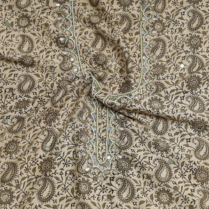 Beige - Bead Work Embroidery Kalamkari Block Printed Cotton Kurta Material - 2.5 meter