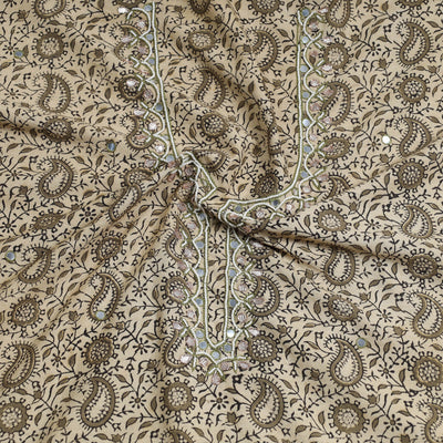 Beige - Bead Work Embroidery Kalamkari Block Printed Cotton Kurta Material - 2.5 meter