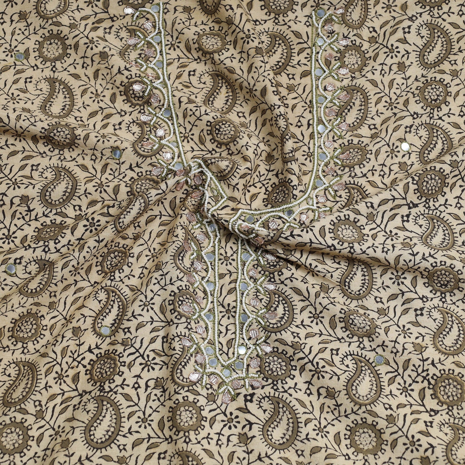 Beige - Bead Work Embroidery Kalamkari Block Printed Cotton Kurta Material - 2.5 meter