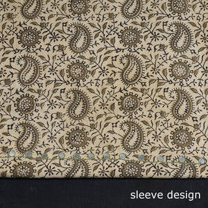 Beige - Bead Work Embroidery Kalamkari Block Printed Cotton Kurta Material - 2.5 meter