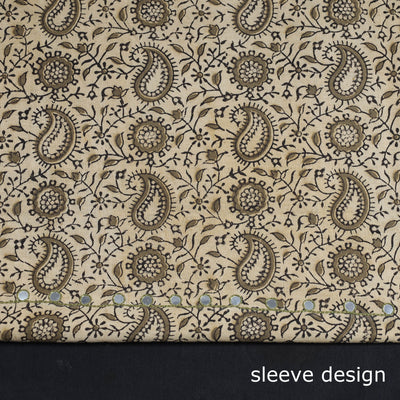 Beige - Bead Work Embroidery Kalamkari Block Printed Cotton Kurta Material - 2.5 meter