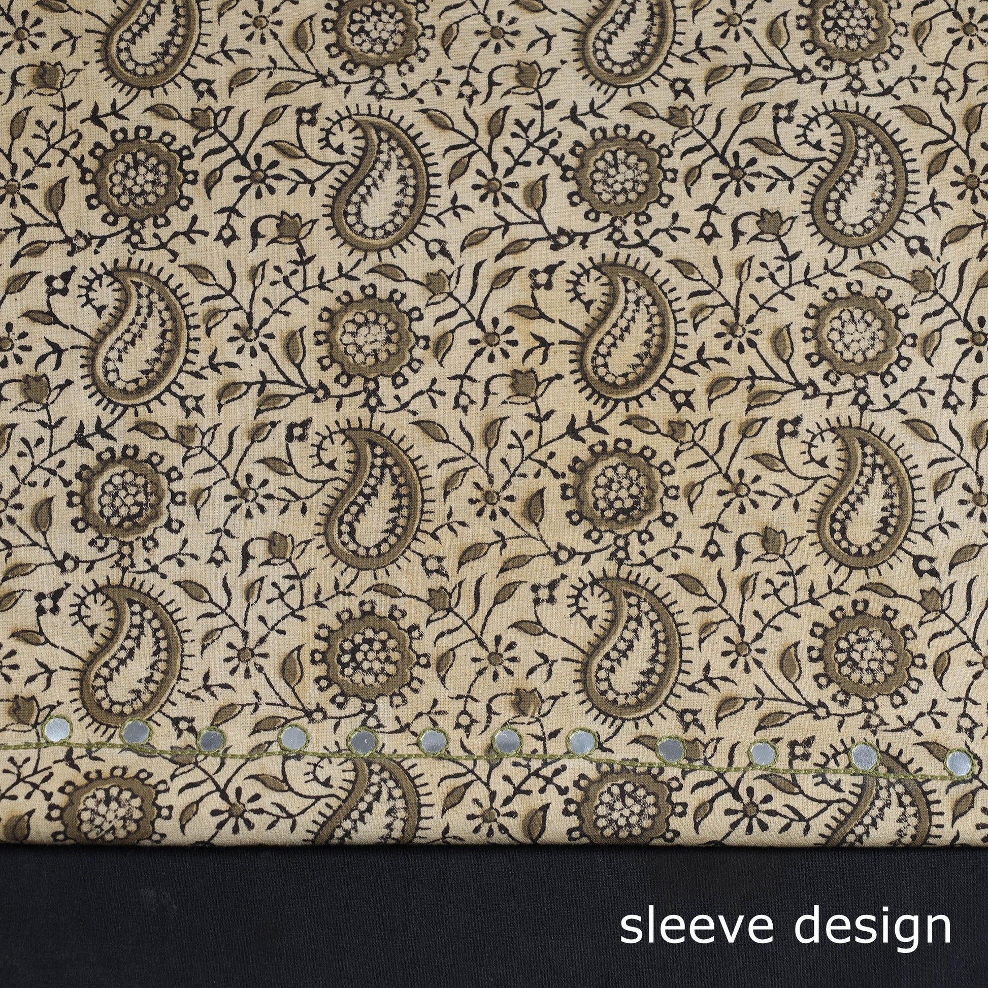 Beige - Bead Work Embroidery Kalamkari Block Printed Cotton Kurta Material - 2.5 meter