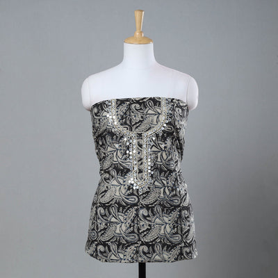 Black - Bead Work Embroidery Kalamkari Block Printed Cotton Kurta Material - 2.5 meter