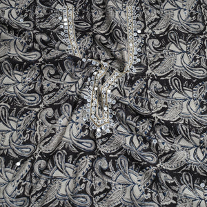 Black - Bead Work Embroidery Kalamkari Block Printed Cotton Kurta Material - 2.5 meter