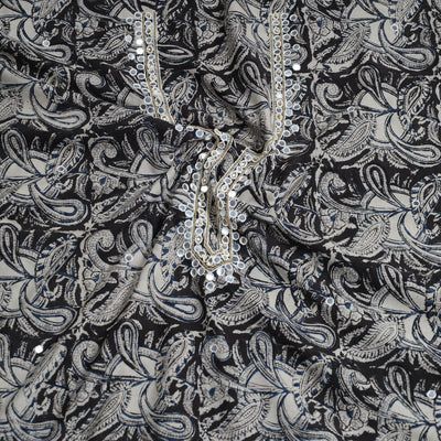 Black - Bead Work Embroidery Kalamkari Block Printed Cotton Kurta Material - 2.5 meter