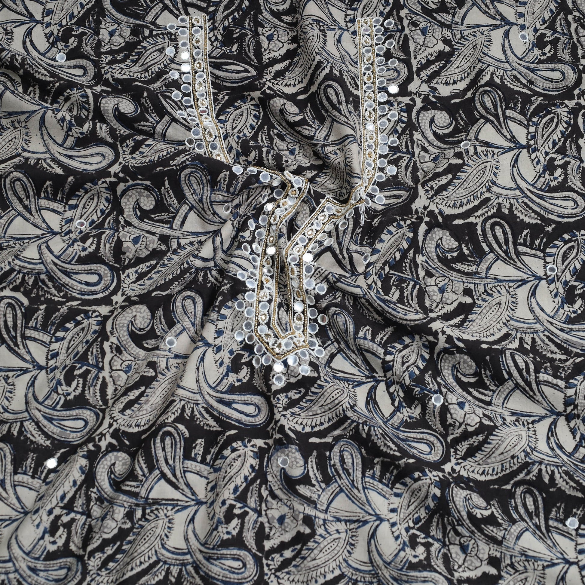 Black - Bead Work Embroidery Kalamkari Block Printed Cotton Kurta Material - 2.5 meter
