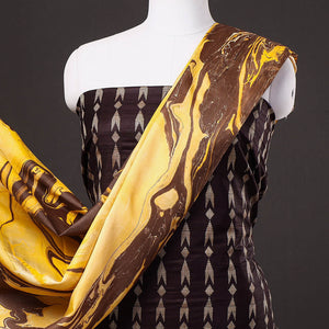 Brown - 3pc Handloom Mulberry Suit Material Set with Banana Silk Marble Printed Dupatta