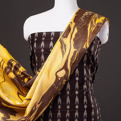 Brown - 3pc Handloom Mulberry Suit Material Set with Banana Silk Marble Printed Dupatta