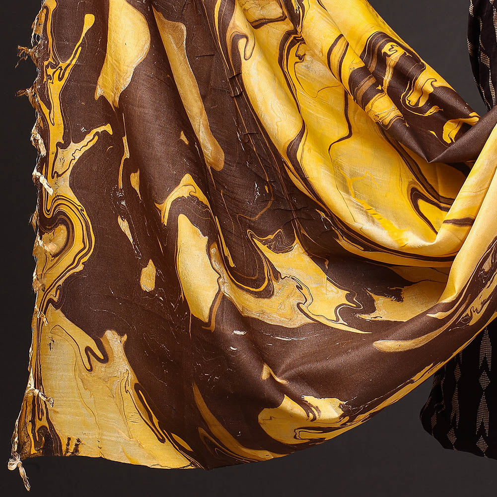 Brown - 3pc Handloom Mulberry Suit Material Set with Banana Silk Marble Printed Dupatta