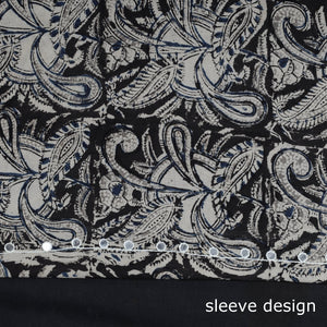 Black - Bead Work Embroidery Kalamkari Block Printed Cotton Kurta Material - 2.5 meter