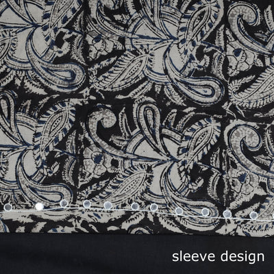 Black - Bead Work Embroidery Kalamkari Block Printed Cotton Kurta Material - 2.5 meter