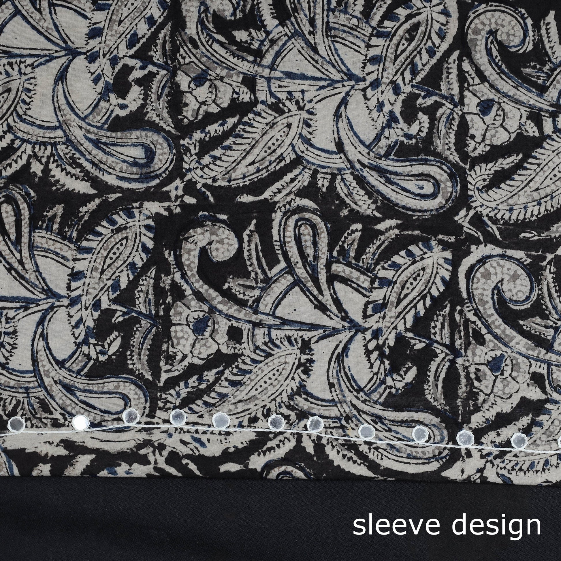 Black - Bead Work Embroidery Kalamkari Block Printed Cotton Kurta Material - 2.5 meter