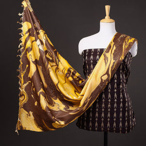 Brown - 3pc Handloom Mulberry Suit Material Set with Banana Silk Marble Printed Dupatta