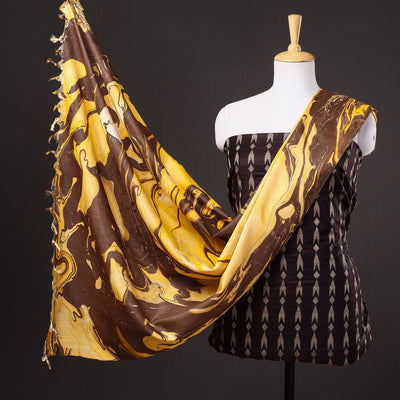 Brown - 3pc Handloom Mulberry Suit Material Set with Banana Silk Marble Printed Dupatta