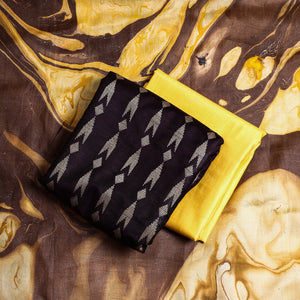 Brown - 3pc Handloom Mulberry Suit Material Set with Banana Silk Marble Printed Dupatta