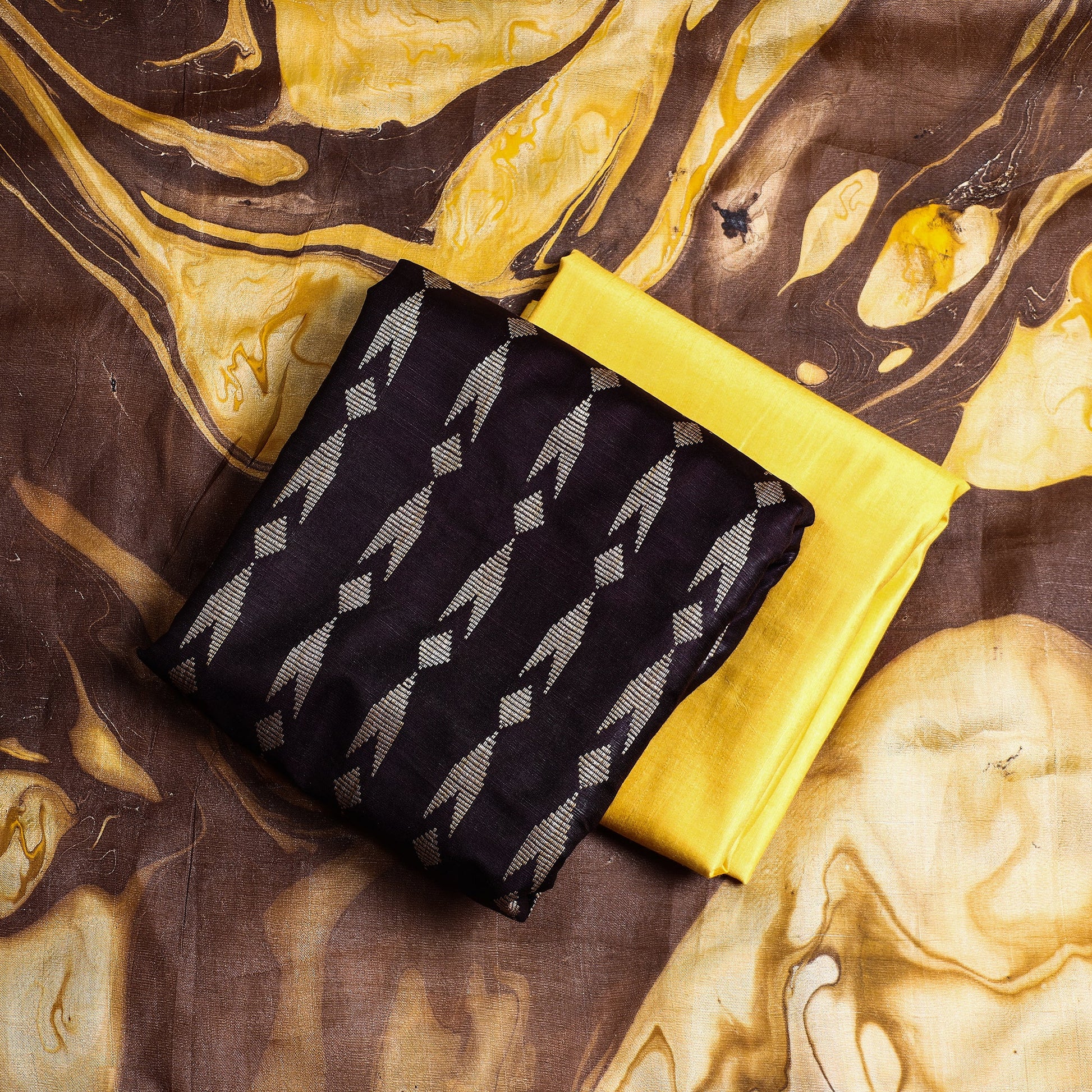 Brown - 3pc Handloom Mulberry Suit Material Set with Banana Silk Marble Printed Dupatta