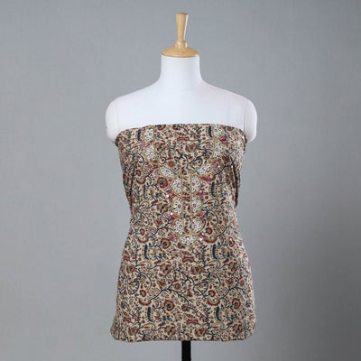 Beige - Bead Work Embroidery Kalamkari Block Printed Cotton Kurta Material - 2.5 meter