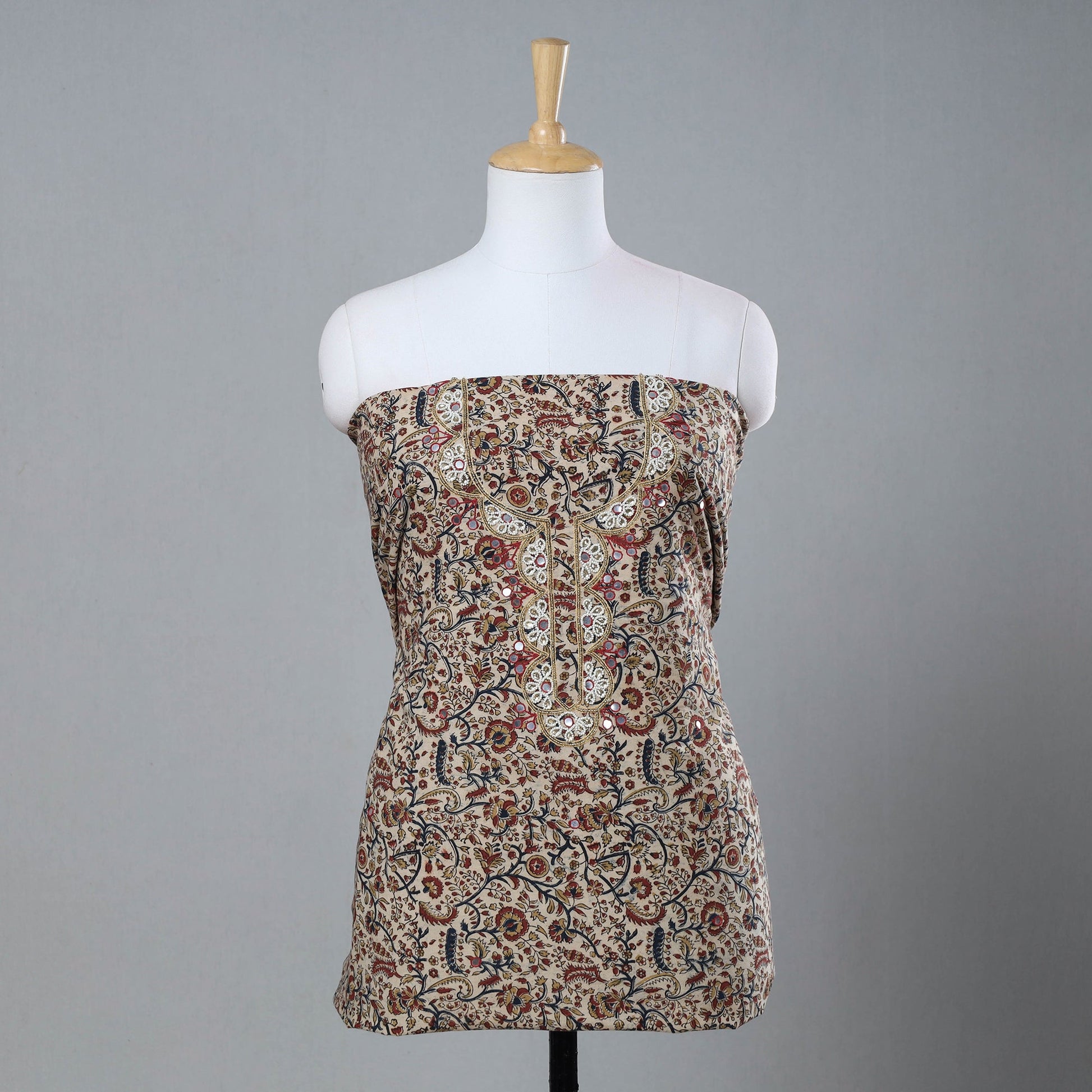 Beige - Bead Work Embroidery Kalamkari Block Printed Cotton Kurta Material - 2.5 meter