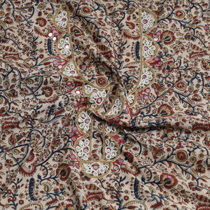 Beige - Bead Work Embroidery Kalamkari Block Printed Cotton Kurta Material - 2.5 meter