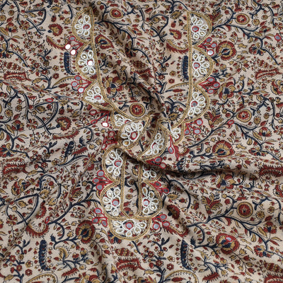 Beige - Bead Work Embroidery Kalamkari Block Printed Cotton Kurta Material - 2.5 meter