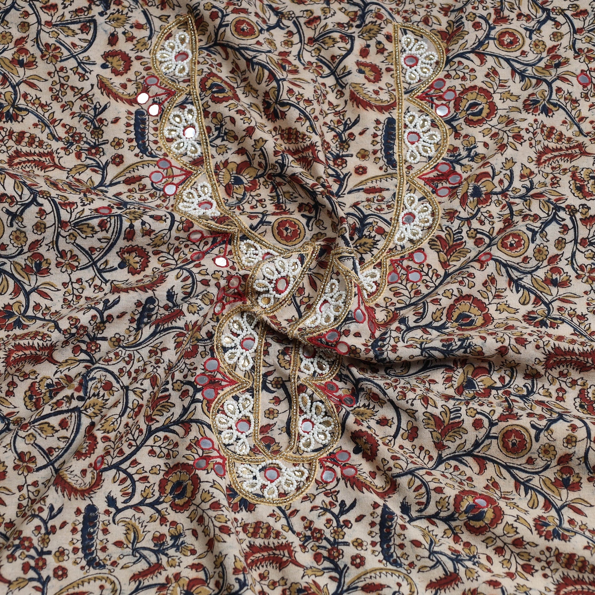 Beige - Bead Work Embroidery Kalamkari Block Printed Cotton Kurta Material - 2.5 meter