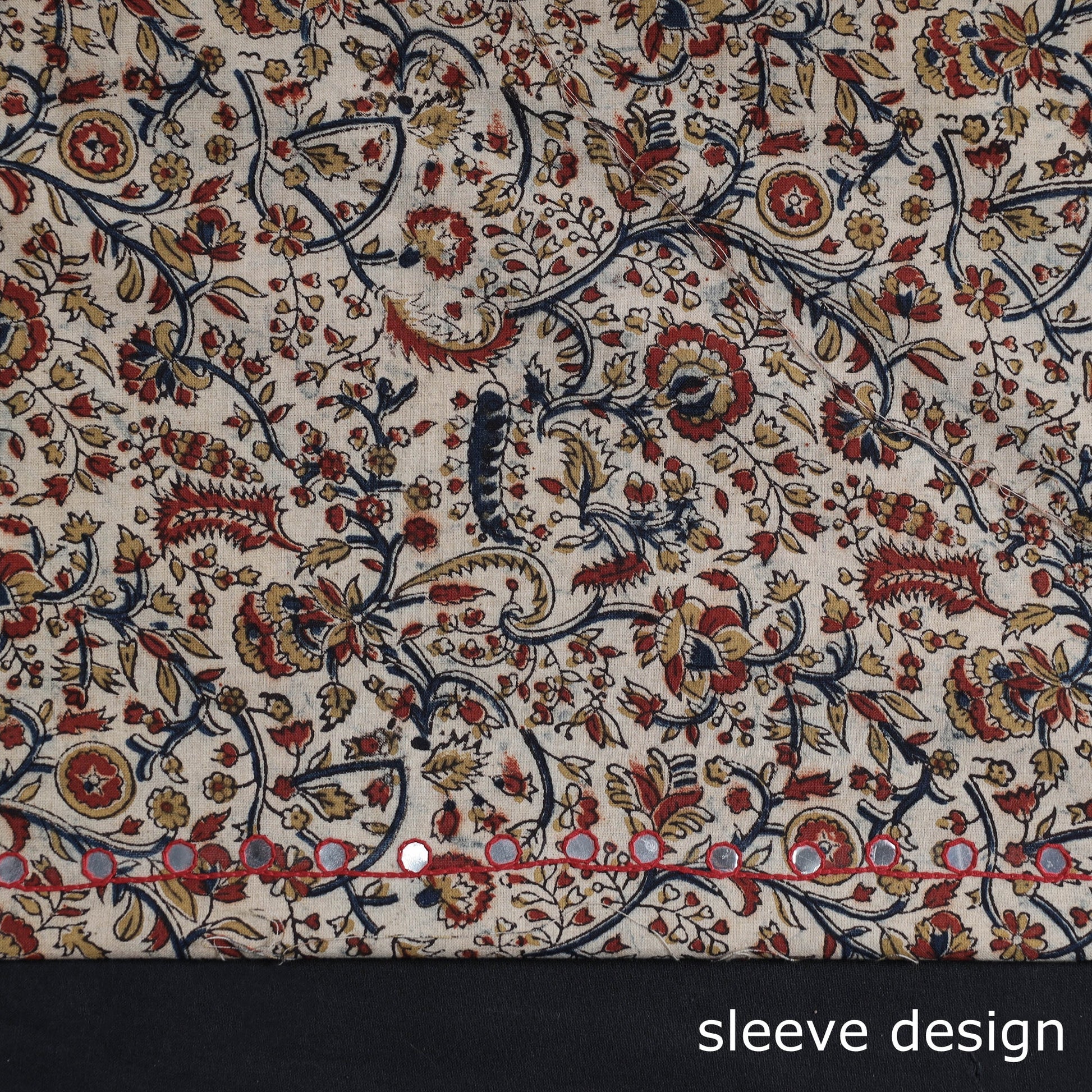 Beige - Bead Work Embroidery Kalamkari Block Printed Cotton Kurta Material - 2.5 meter