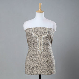 Beige - Bead Work Embroidery Kalamkari Block Printed Cotton Kurta Material - 2.5 meter