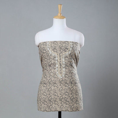 Beige - Bead Work Embroidery Kalamkari Block Printed Cotton Kurta Material - 2.5 meter