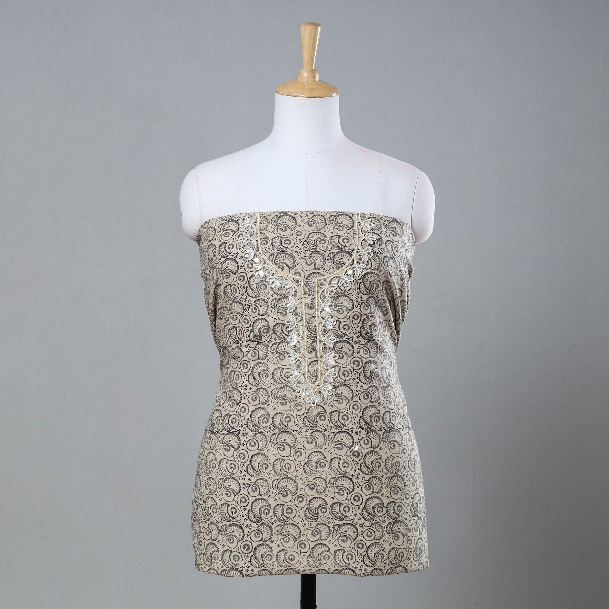 Beige - Bead Work Embroidery Kalamkari Block Printed Cotton Kurta Material - 2.5 meter