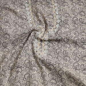 Beige - Bead Work Embroidery Kalamkari Block Printed Cotton Kurta Material - 2.5 meter