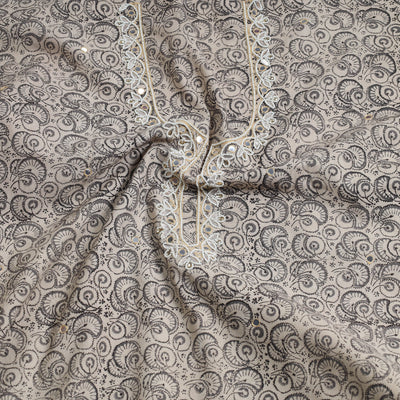 Beige - Bead Work Embroidery Kalamkari Block Printed Cotton Kurta Material - 2.5 meter