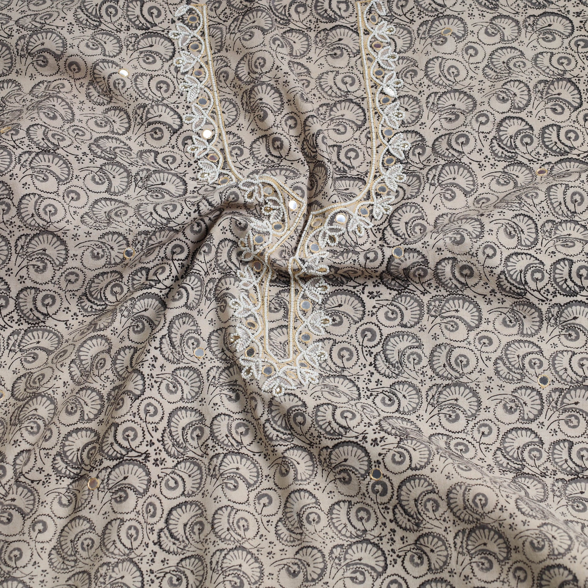 Beige - Bead Work Embroidery Kalamkari Block Printed Cotton Kurta Material - 2.5 meter