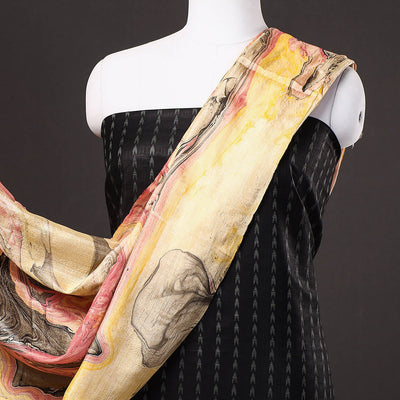 Black - 3pc Handloom Mulberry Suit Material Set with Banana Silk Marble Printed Dupatta