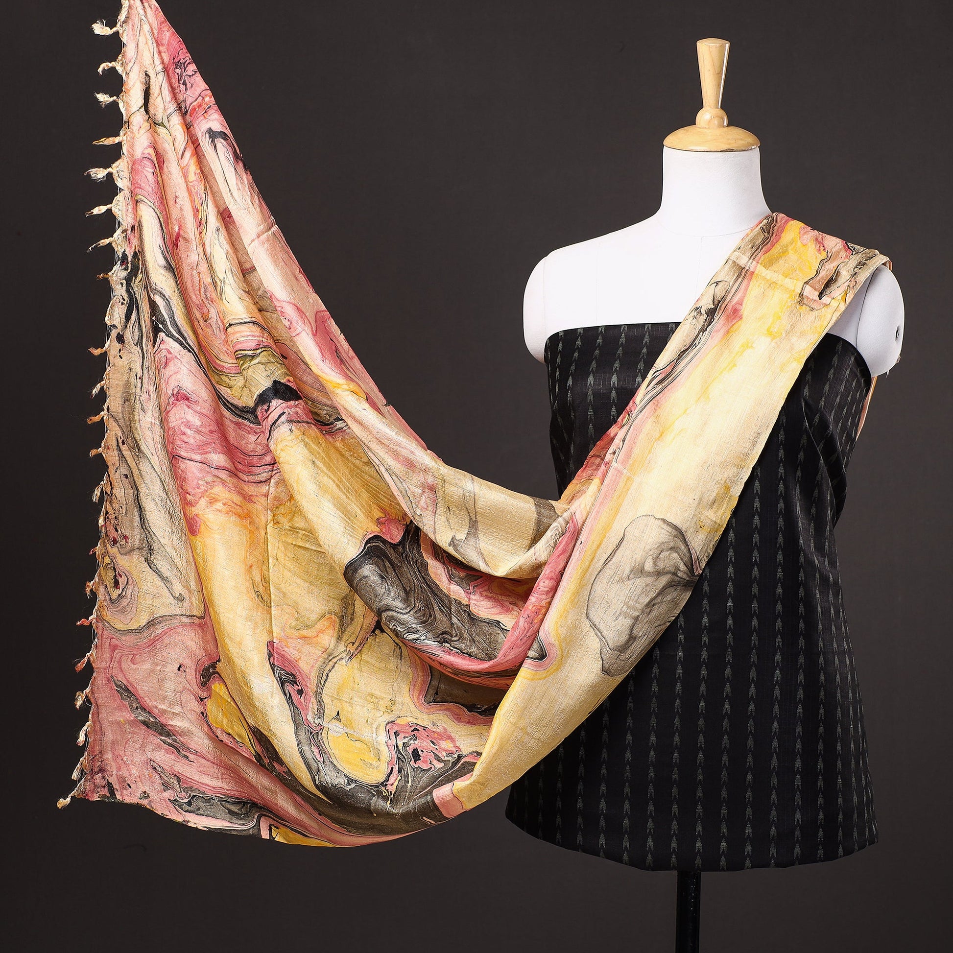 Black - 3pc Handloom Mulberry Suit Material Set with Banana Silk Marble Printed Dupatta