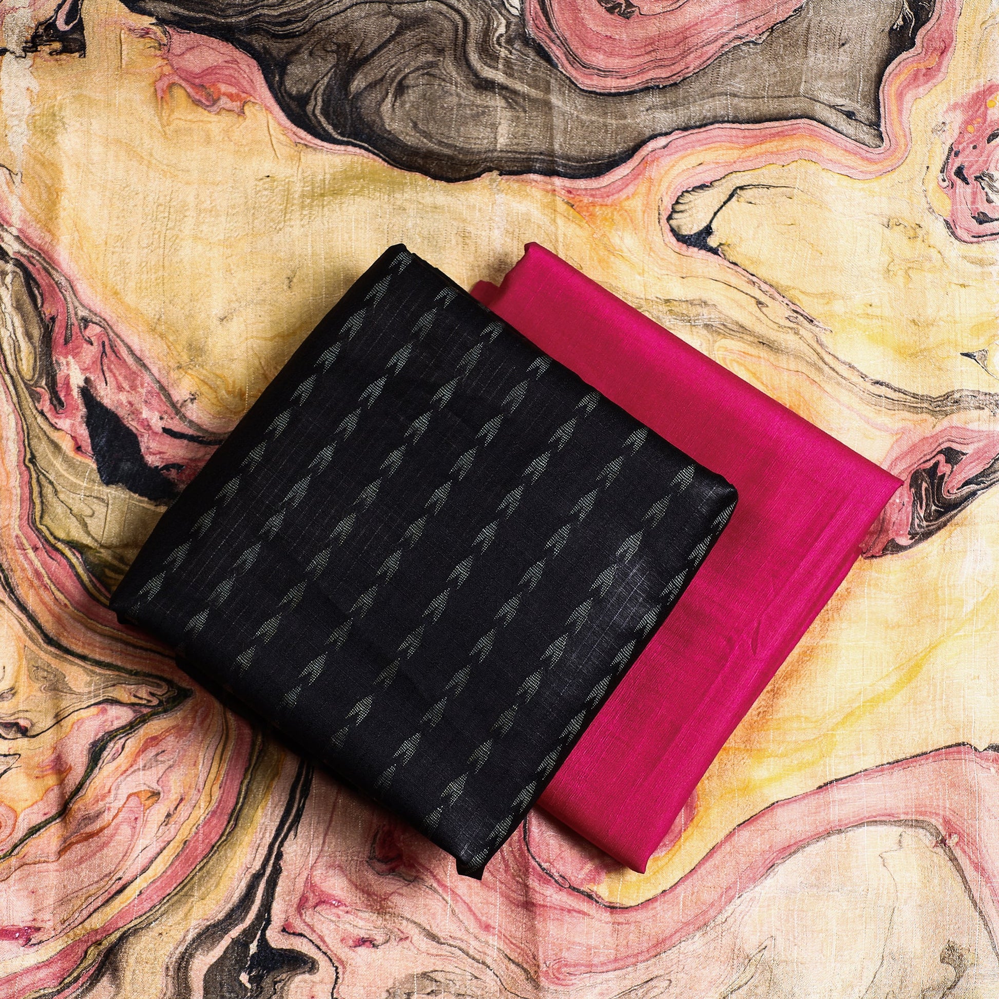 Black - 3pc Handloom Mulberry Suit Material Set with Banana Silk Marble Printed Dupatta